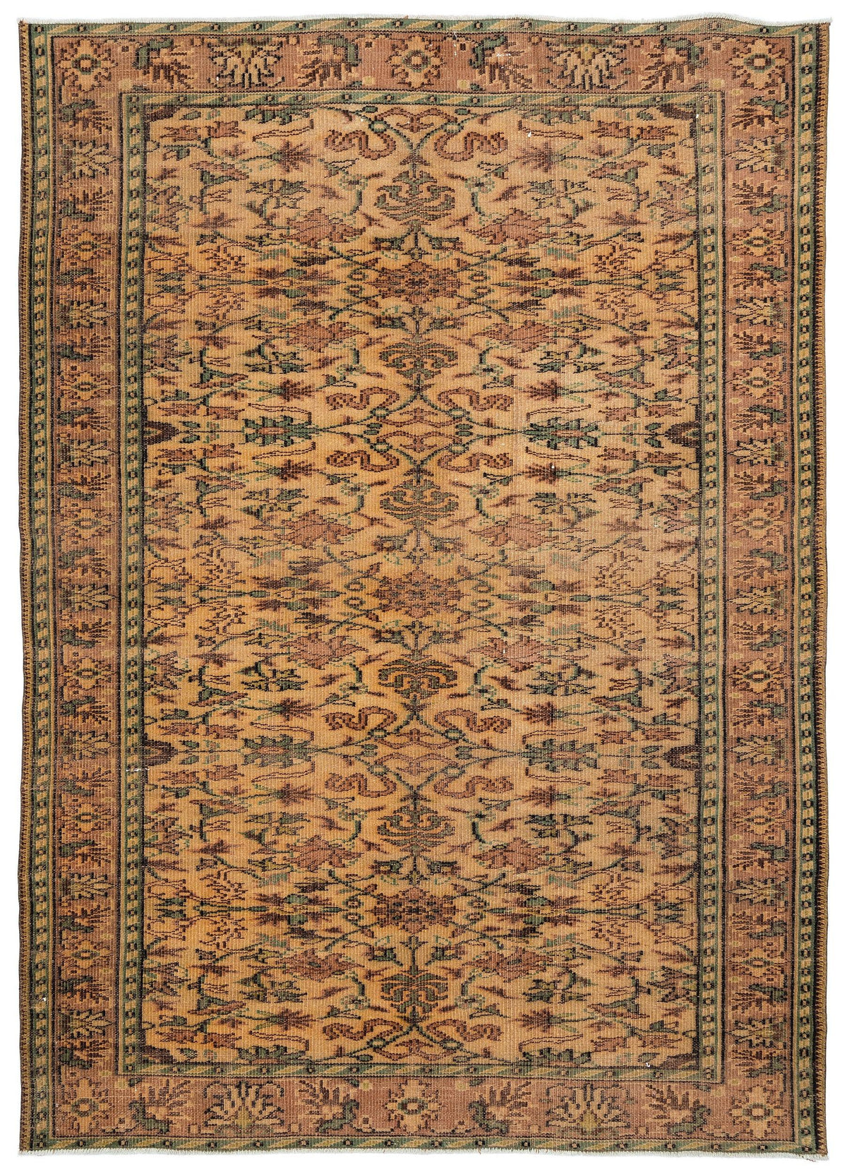 Tan and sage green traditional area rug with a symmetrical floral medallion pattern and a decorative border.