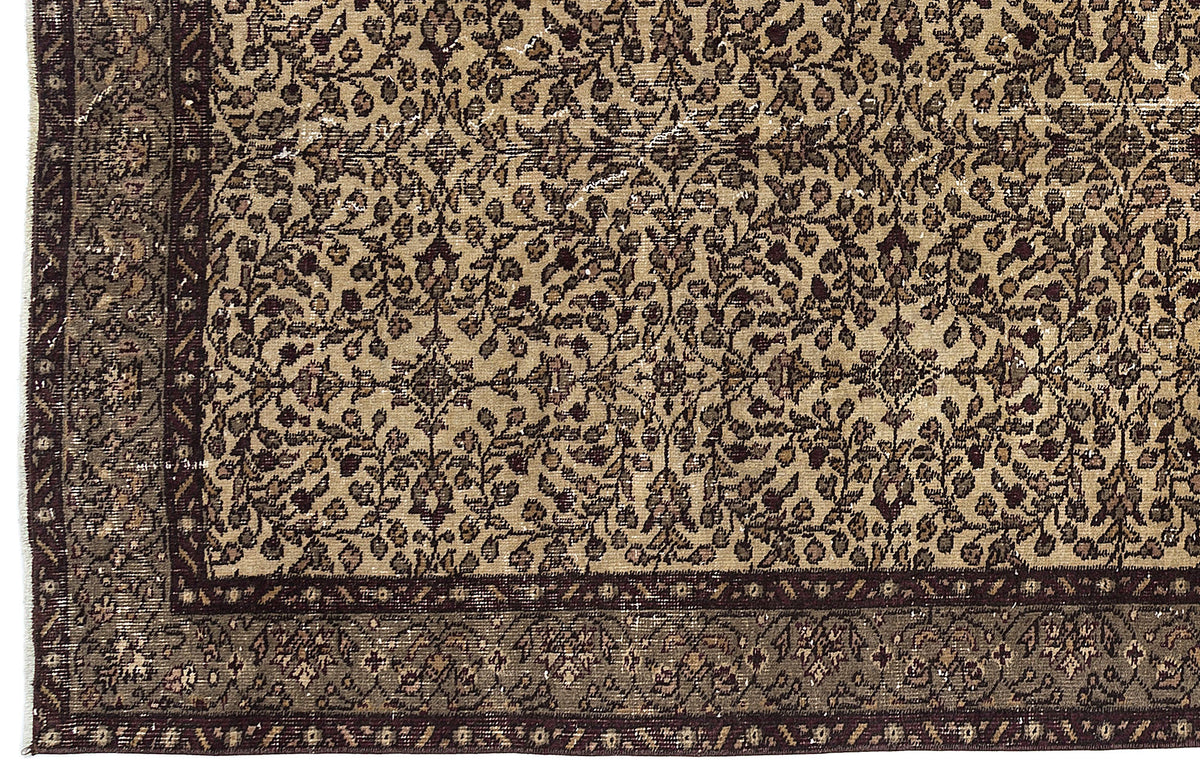 Beige and dark brown rug with an intricate floral vine pattern and a wide, detailed border.