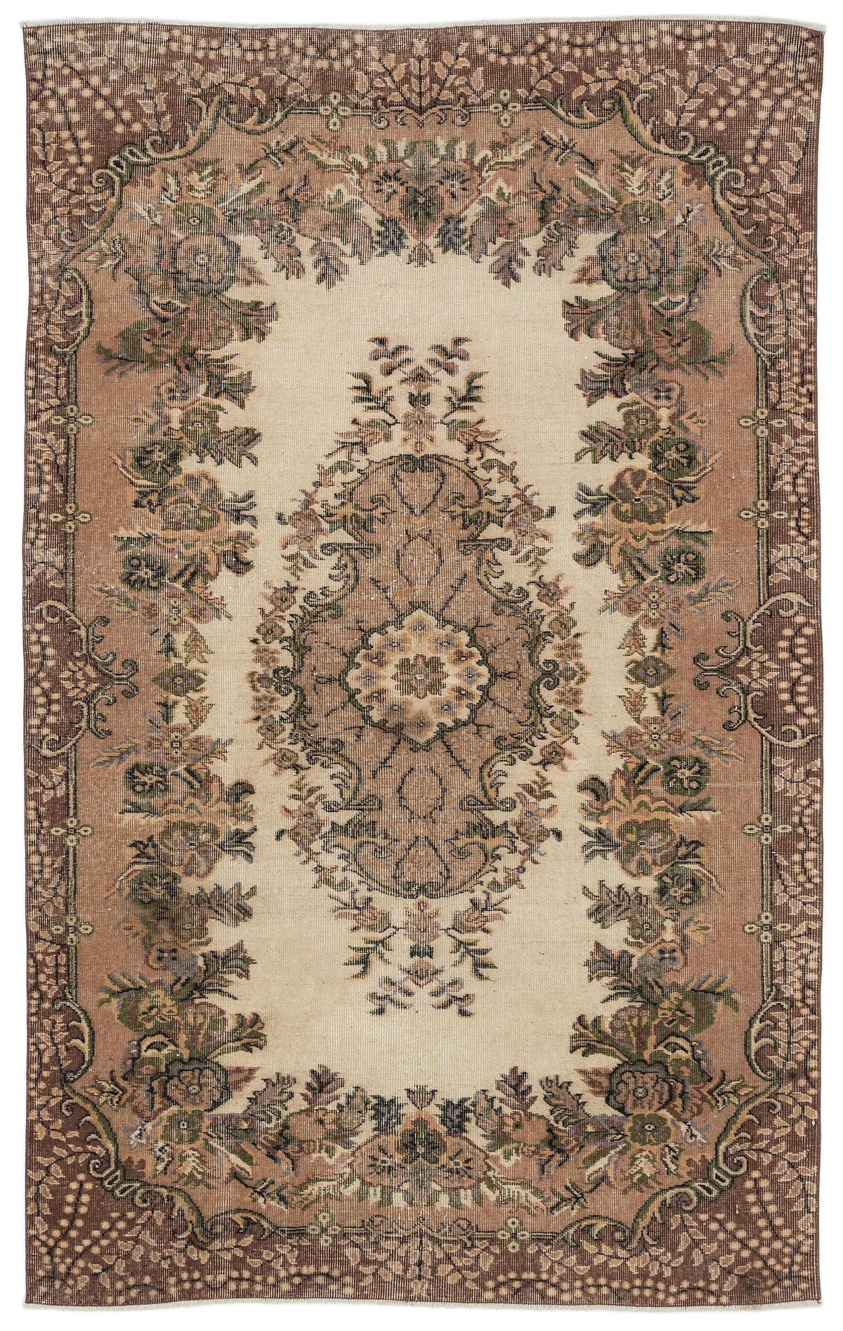 Beige and brown traditional rug with a central floral medallion and ornate botanical border.
