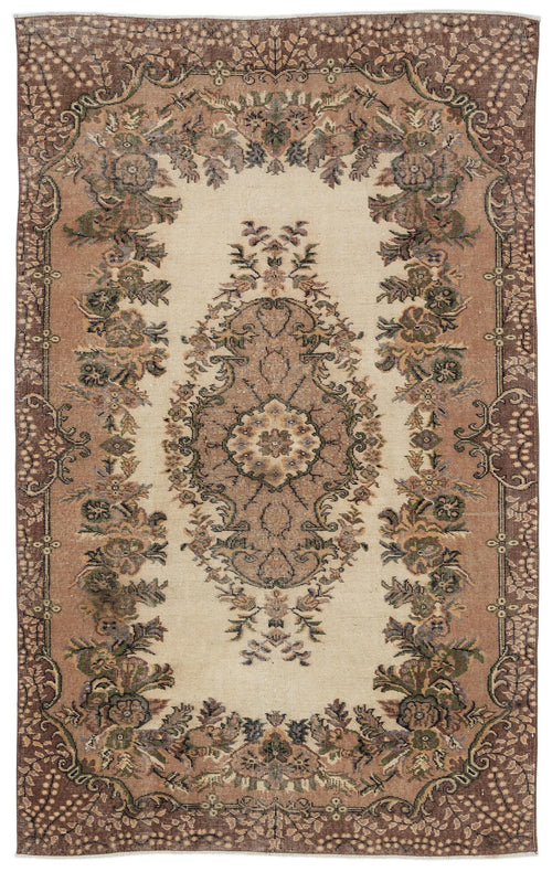 Load image 1 in gallery view. Beige and brown traditional rug with a central floral medallion and ornate botanical border.