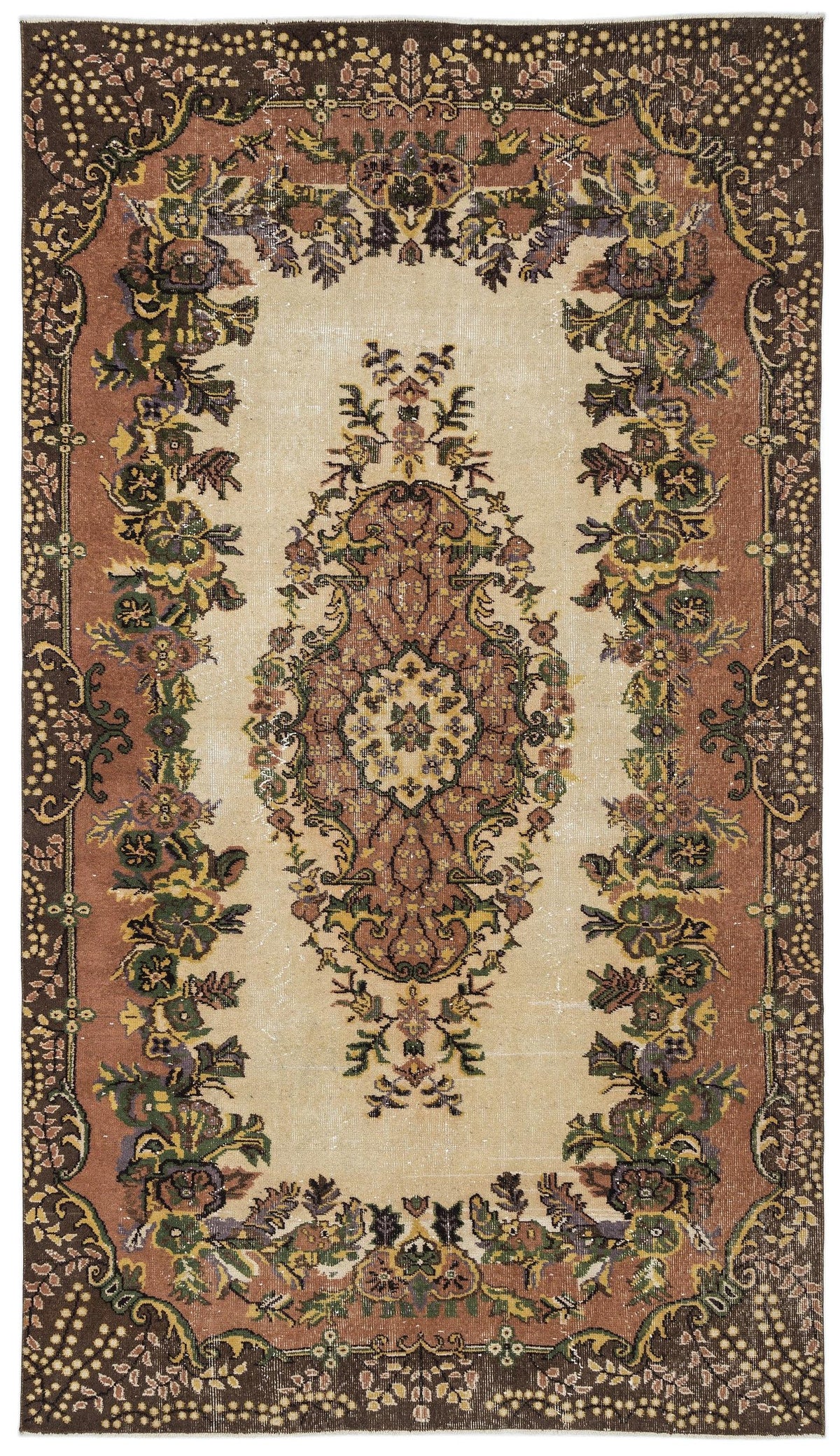 Beige and terracotta traditional rug with a central floral medallion and ornate botanical border.