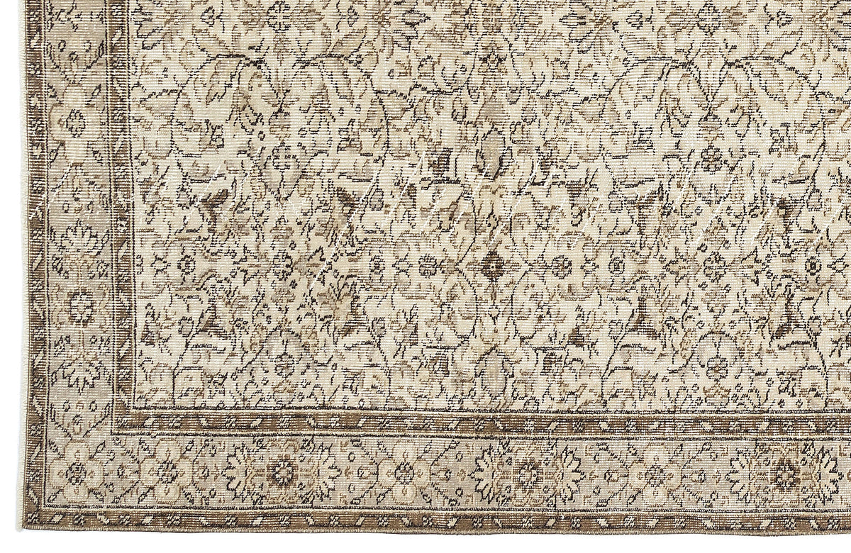 Beige and brown traditional rug with a distressed floral medallion pattern and a detailed border.