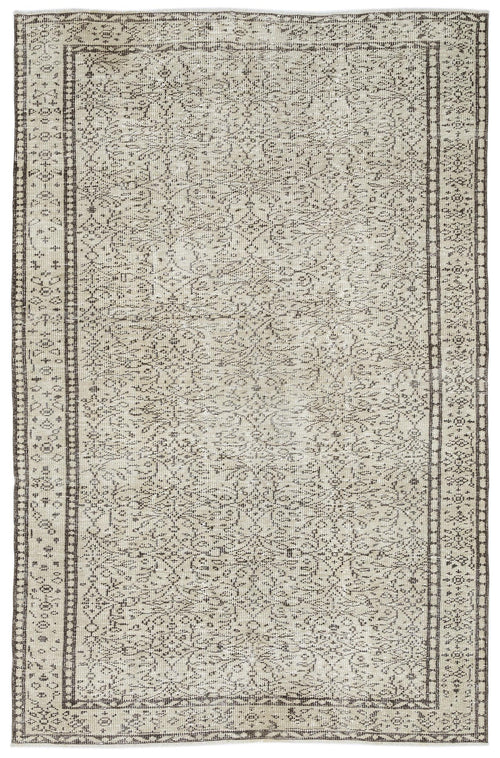 Load image 1 in gallery view. Beige and dark brown vintage-style rug with a distressed, intricate floral medallion pattern and a geometric border.