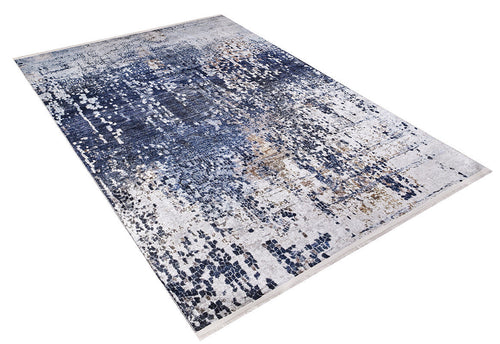 Load image 1 in gallery view. The Abstract Atmosphere - Washable Rug - JR834 (Custom Size) features a modern abstract design in blue, white, and beige. This rectangular blue rug adds texture to any space and is ideal for high-traffic areas. Shown on a white background.
