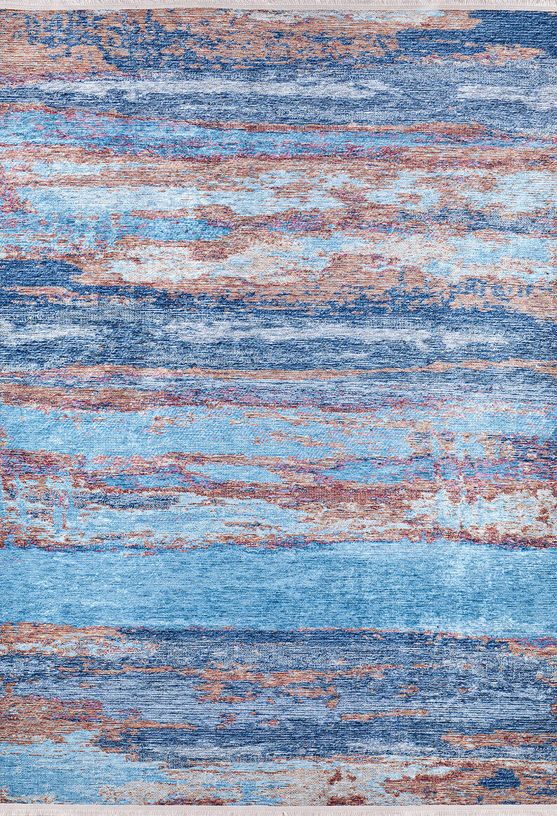 The Abstract Elegance - Machine-Washable Rug JR87 (Custom Size) features painterly blue, brown, and beige streaks, offering a modern textured look. Ideal for high-traffic areas, its washable design ensures style and easy maintenance for any space.