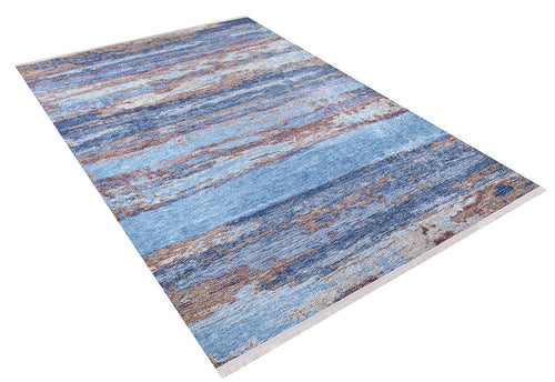 Load image 1 in gallery view. The Abstract Elegance - Machine-Washable Rug JR87 (Custom Size) is a rectangular blue rug with textured blue and brown patterns, horizontal streaks, and a distressed look—ideal for high-traffic areas. Shown on a white background.