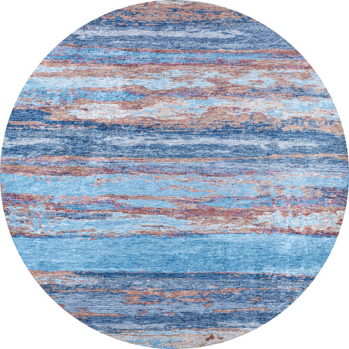 Load image 1 in gallery view. The Abstract Elegance - Machine-Washable Rug JR87 (Custom Size) features a round shape with an artistic abstract pattern in blue, beige, and brown. Its washable fabric is ideal for high-traffic areas while maintaining a stylish, textured look.