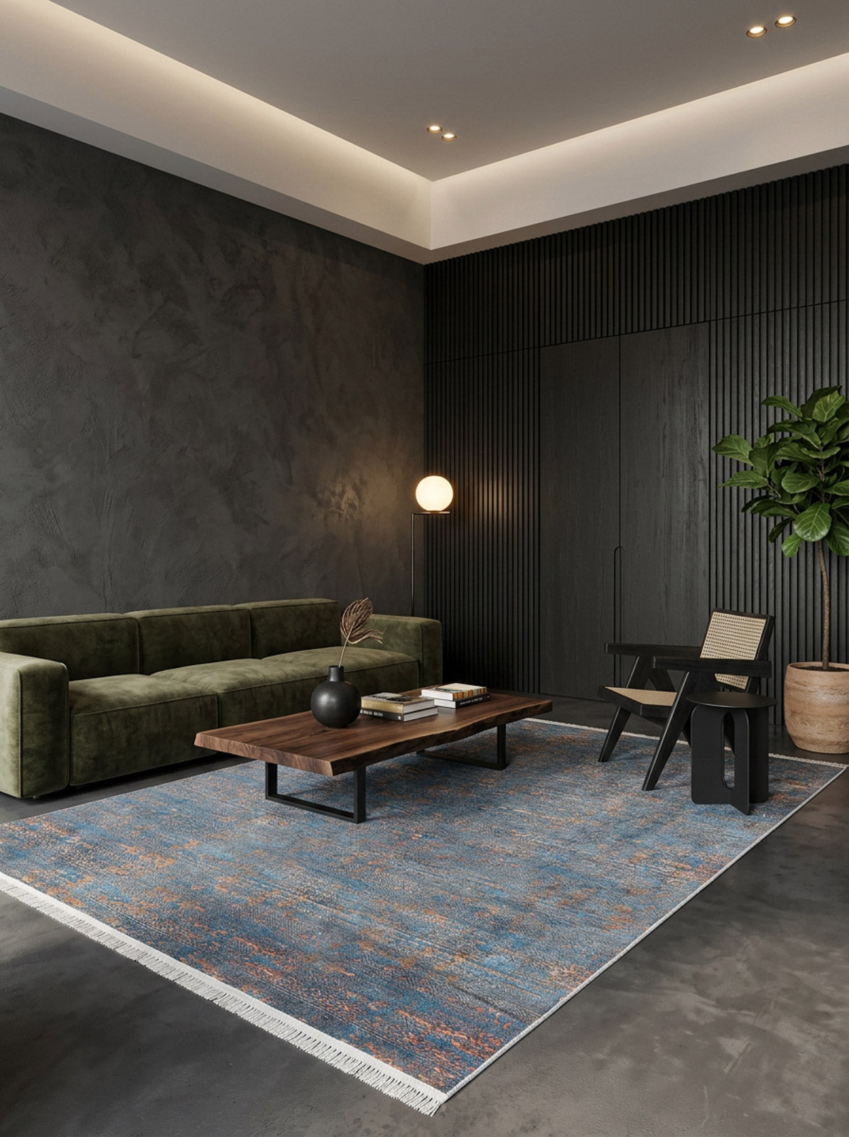 Blue and copper distressed area rug with fringe, styled in a modern living room with a green velvet sofa.