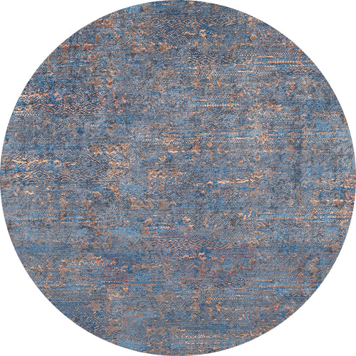 Bild 1 in Galerieansicht laden. The Abstract Harmony - Machine-Washable Rug JR1882 is a round, washable blue rug with a textured abstract pattern in blue and brown tones, featuring a distressed look—ideal for allergy-sensitive homes.