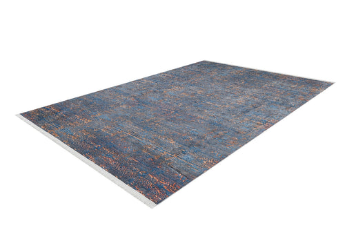 Load image 1 in gallery view. The Abstract Harmony - Machine-Washable Rug JR1882 (Custom Size) is a large blue textured rug with subtle orange and brown accents, short white fringe on both shorter edges, and is washable—ideal for high-traffic areas. Shown on a white background.