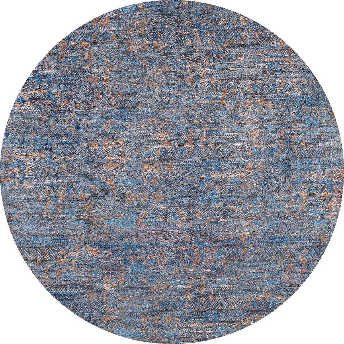 The Abstract Harmony - Machine-Washable Rug JR1882 (Custom Size) is a round blue rug with distressed blue and copper patterns, subtle textures, and faded accents for a vintage look—perfect for high-traffic areas.