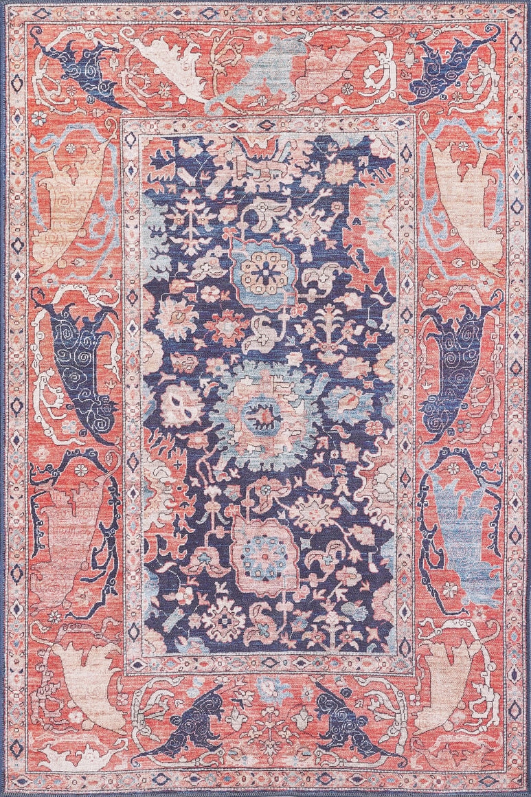 The Aegis Handmade-Design Washable Rug (LCC3029) features a Persian-inspired flat weave with dark blue, floral and vine motifs, and a red-beige border accented by geometric and animal designs—perfect for high-traffic spaces.
