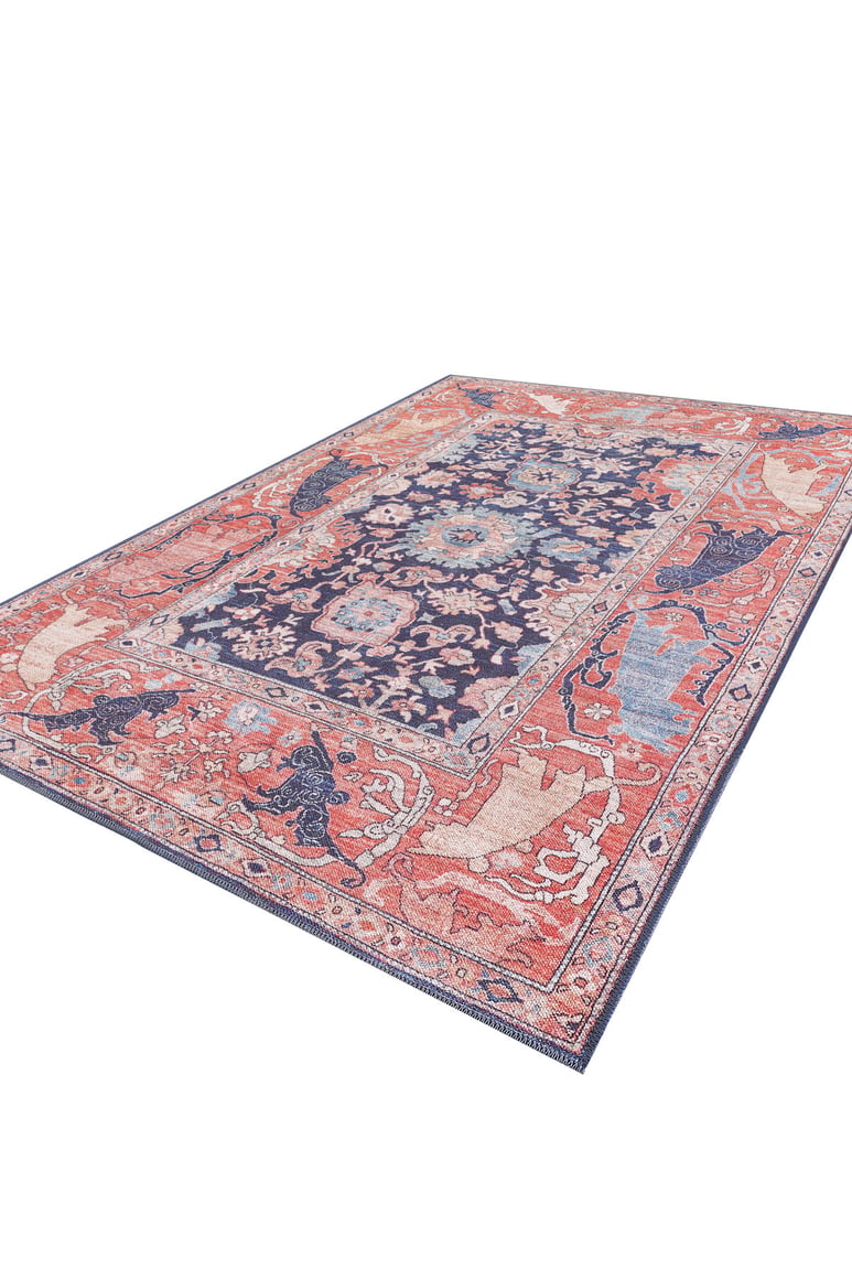 The Aegis Handmade-Design Washable Rug - LCC3029 is a rectangular flat weave rug in red, navy, and beige with a traditional floral pattern, dark central medallion, ornate borders, and intricate details. Shown on a white background.