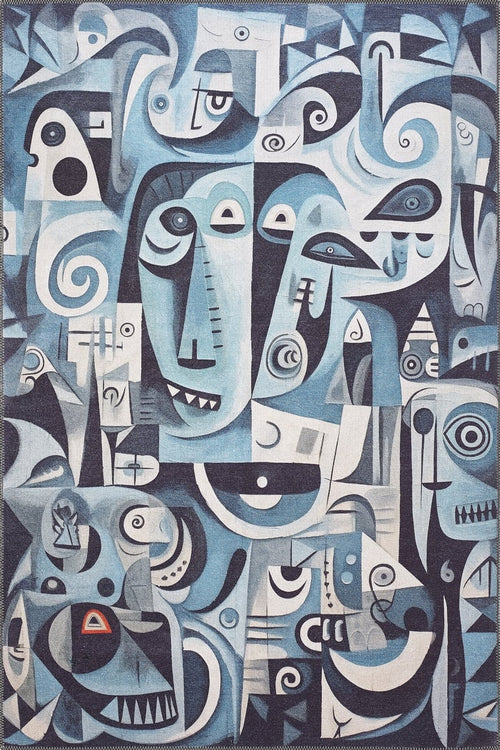 Load image 1 in gallery view. The Aesthetic Anomaly Contemporary Washable Rug - MDJ004 features blue, white, and black tones with geometric shapes and stylized faces, creating a cubist-inspired design that's both artistic and durable for high-traffic areas. Custom sizes available.