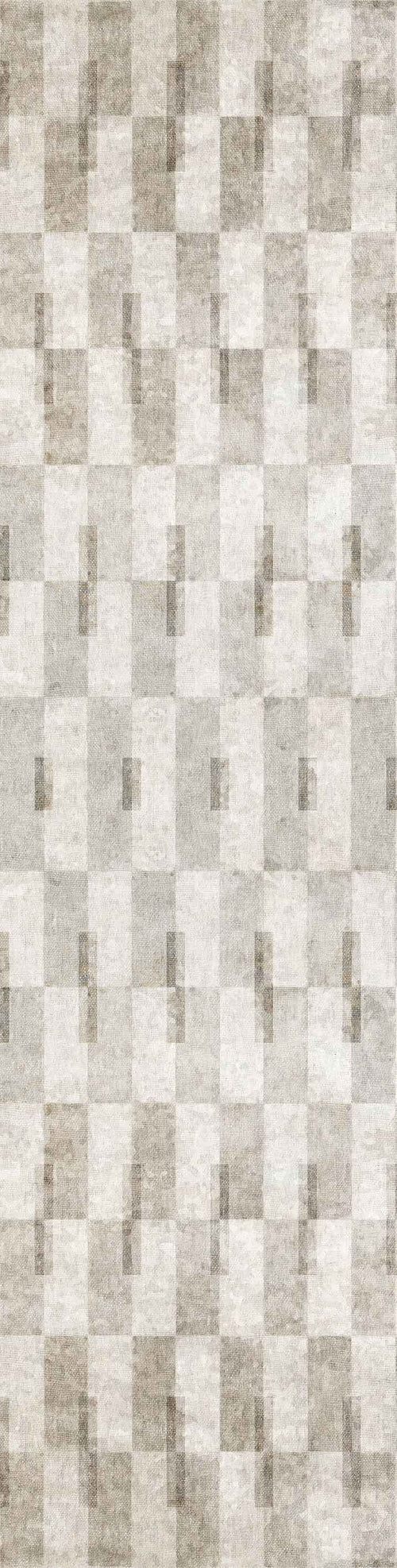 Bild 1 in Galerieansicht laden. The Aged Elegance - Washable Rug - JRN37 features a geometric pattern of overlapping rectangles in beige, taupe, and light gray, creating a subtle modern look ideal for high-traffic areas.