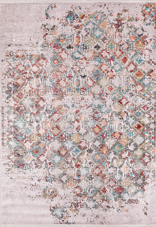 Bild 1 in Galerieansicht laden. The Aged Mosaic - Washable Rug - JR1096 (Custom Size) features a faded multicolor geometric pattern in red, turquoise, gold, and gray on beige. Its distressed look and washable design make it ideal for high-traffic spaces seeking style and durability.