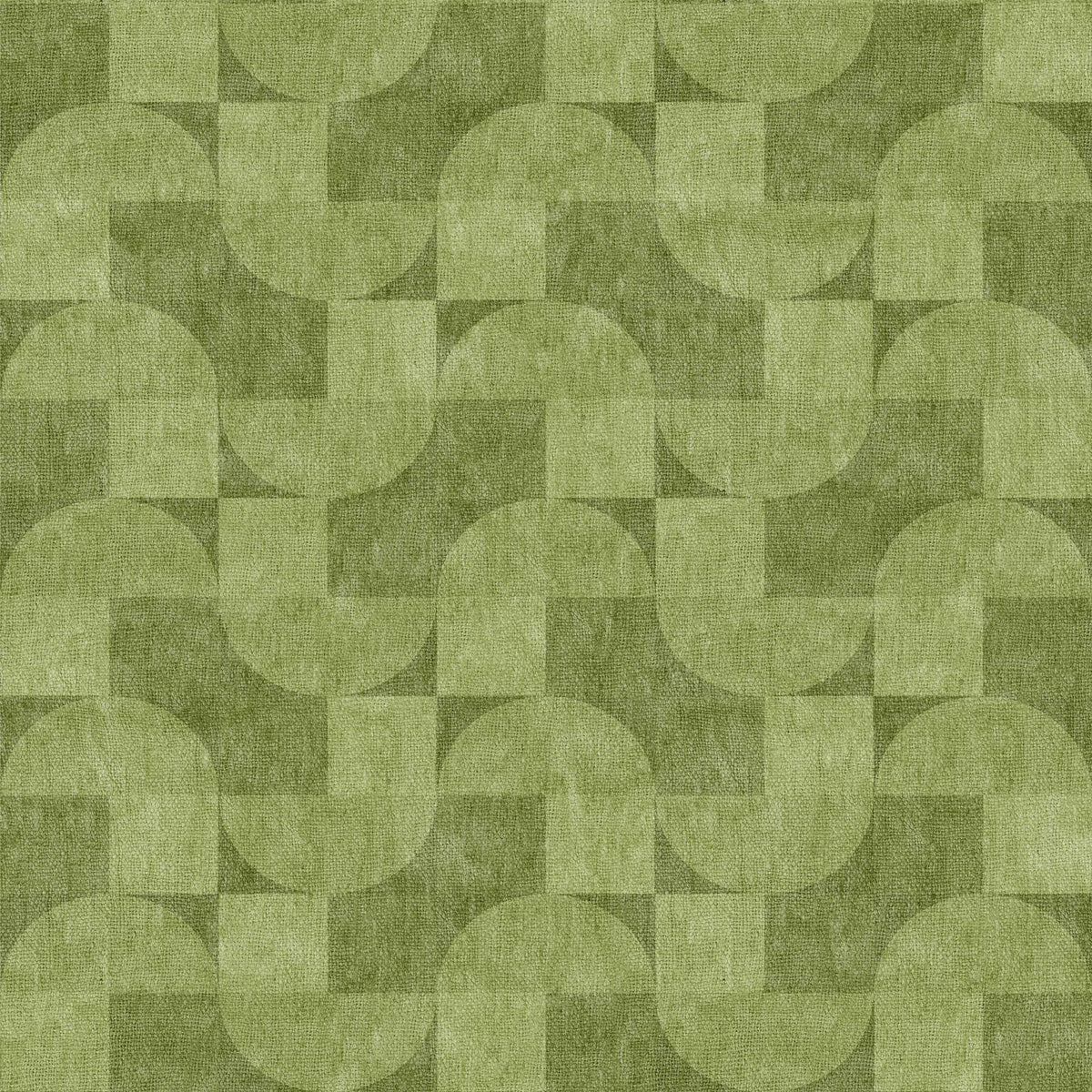 Aged Serenity - Washable Rug - JRN51: Features an abstract geometric pattern in green tones with overlapping squares and semi-circles, creating a textured mosaic—ideal for modern interiors and easy to wash.
