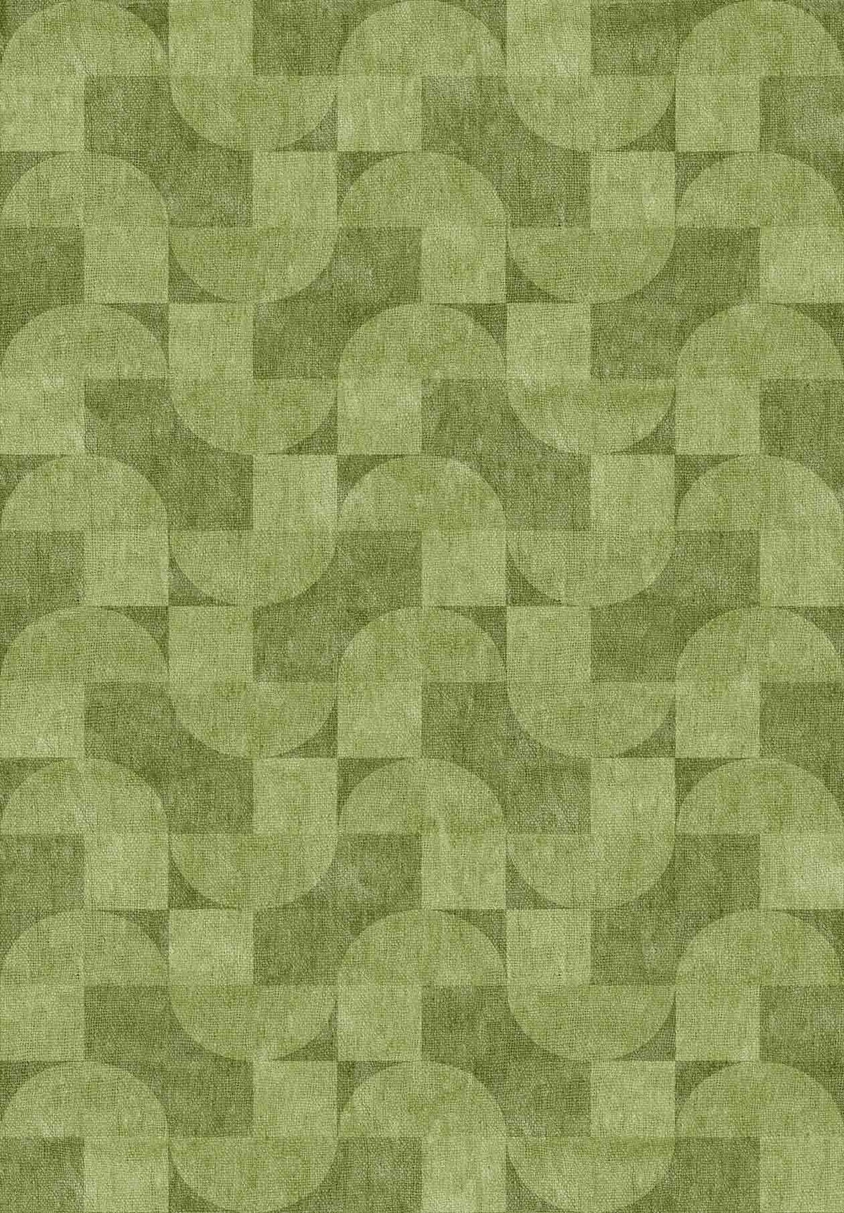 The Aged Serenity - Washable Rug - JRN51 (Custom Size) features a woven geometric pattern with overlapping semi-circles and rectangles in green tones. Its fabric-like texture and modern design make it ideal for contemporary interiors.