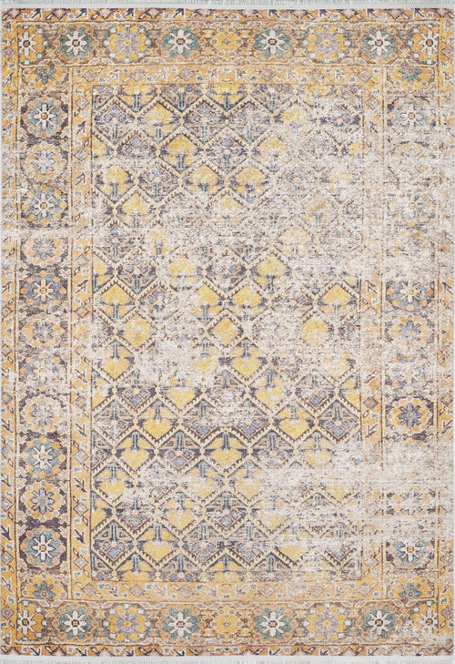 Bild 1 in Galerieansicht laden. The Aged Splendor - Washable Rug - JR1906 (Custom Size) features a rectangular shape, distressed vintage style, yellow-gold geometric patterns, ornate borders, and floral motifs—ideal for high-traffic areas with its washable convenience.