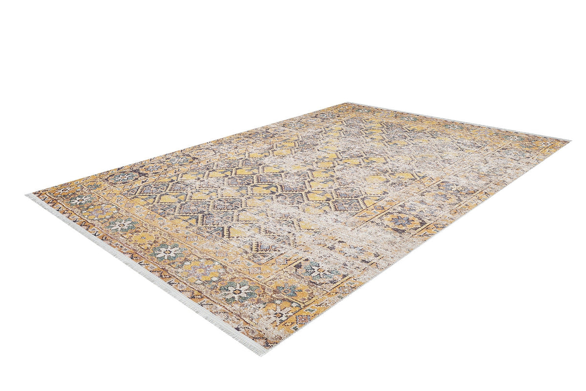 The Aged Splendor - Washable Rug - JR1906 (Custom Size) features a yellow-gold, vintage-style distressed pattern with floral and geometric accents in yellow, beige, gray, and white—ideal for high-traffic areas.