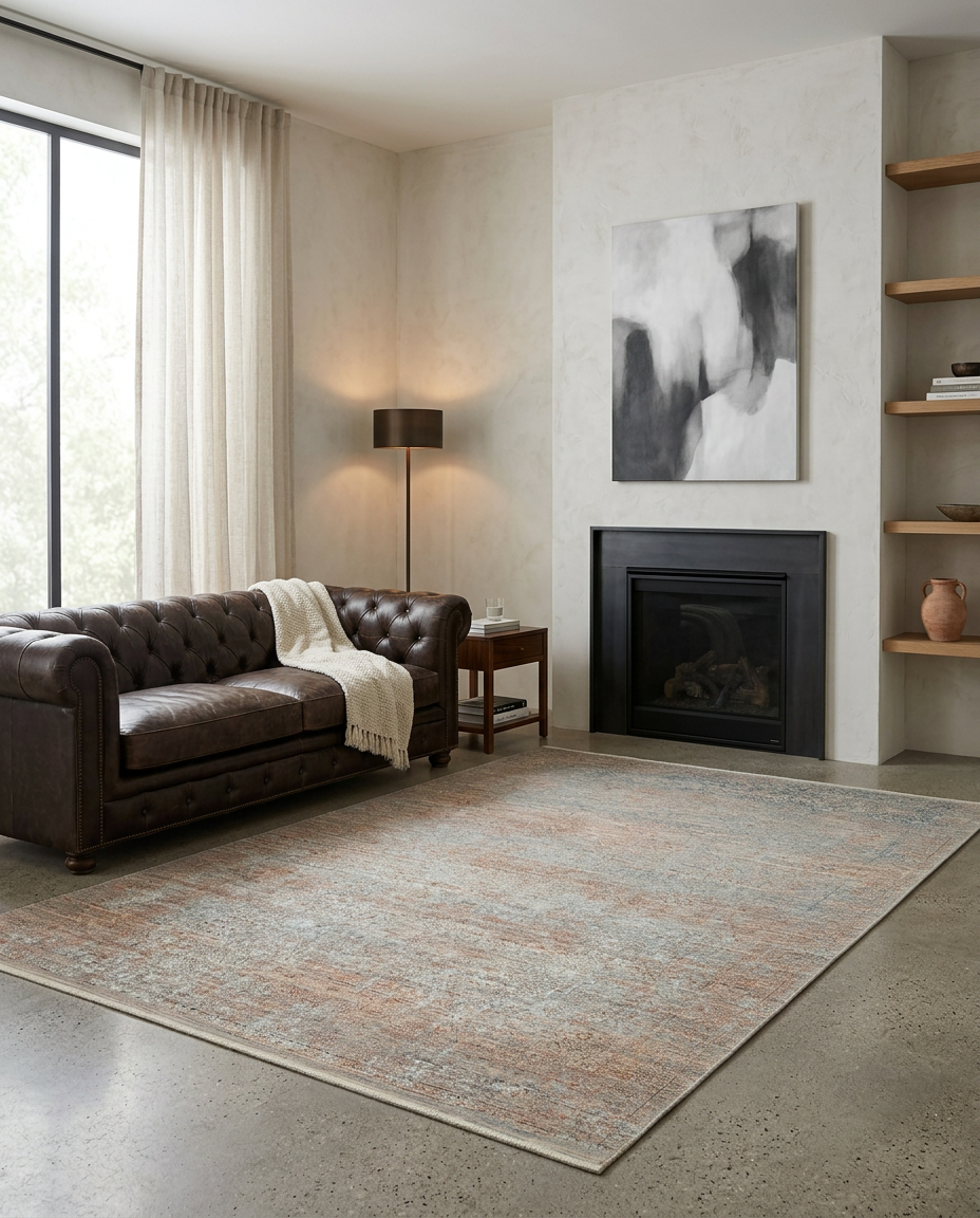 Distressed rust and blue-grey area rug with a faded traditional pattern, styled in a modern living room.