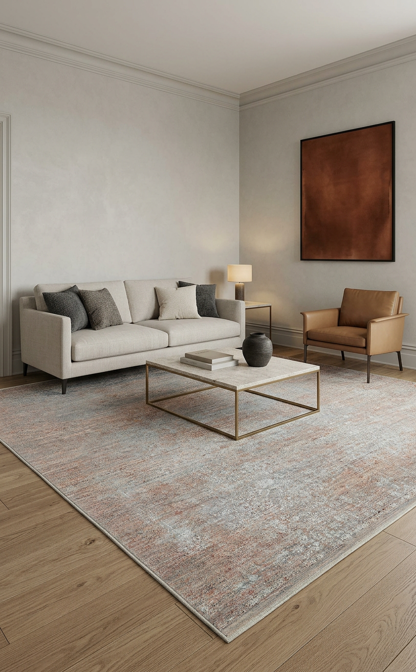 Grey and terracotta distressed abstract rug in a modern living room with a beige sofa and leather armchair.