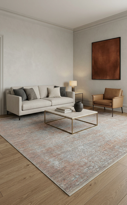Load image 1 in gallery view. Grey and terracotta distressed abstract rug in a modern living room with a beige sofa and leather armchair.