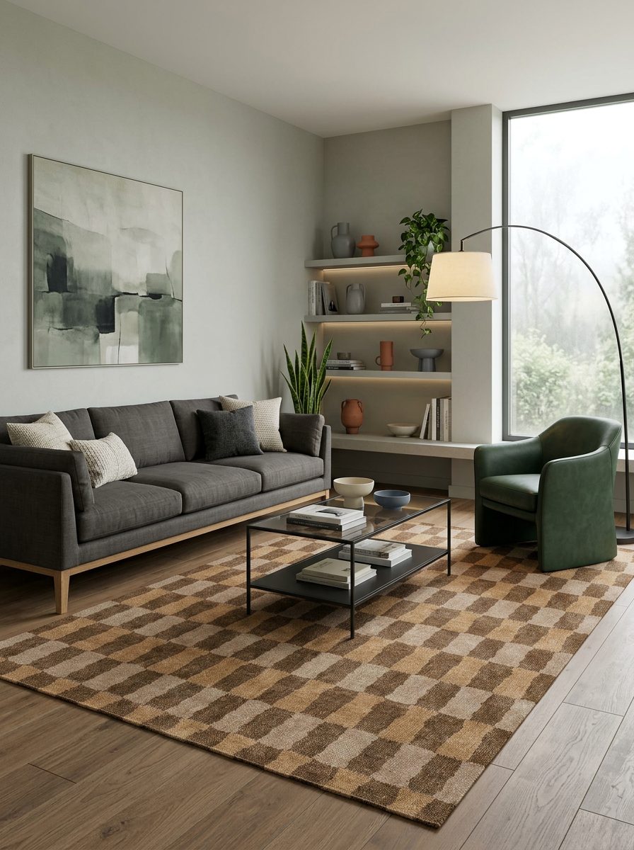 Brown and tan checkered rug in a modern living room with a grey sofa and green armchair.