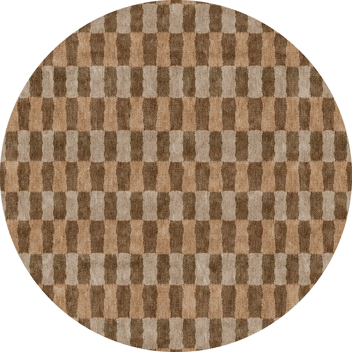Round rug with a repeating tan and dark brown geometric hourglass tile pattern.