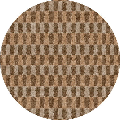 Load image 1 in gallery view. Round rug with a repeating tan and dark brown geometric hourglass tile pattern.
