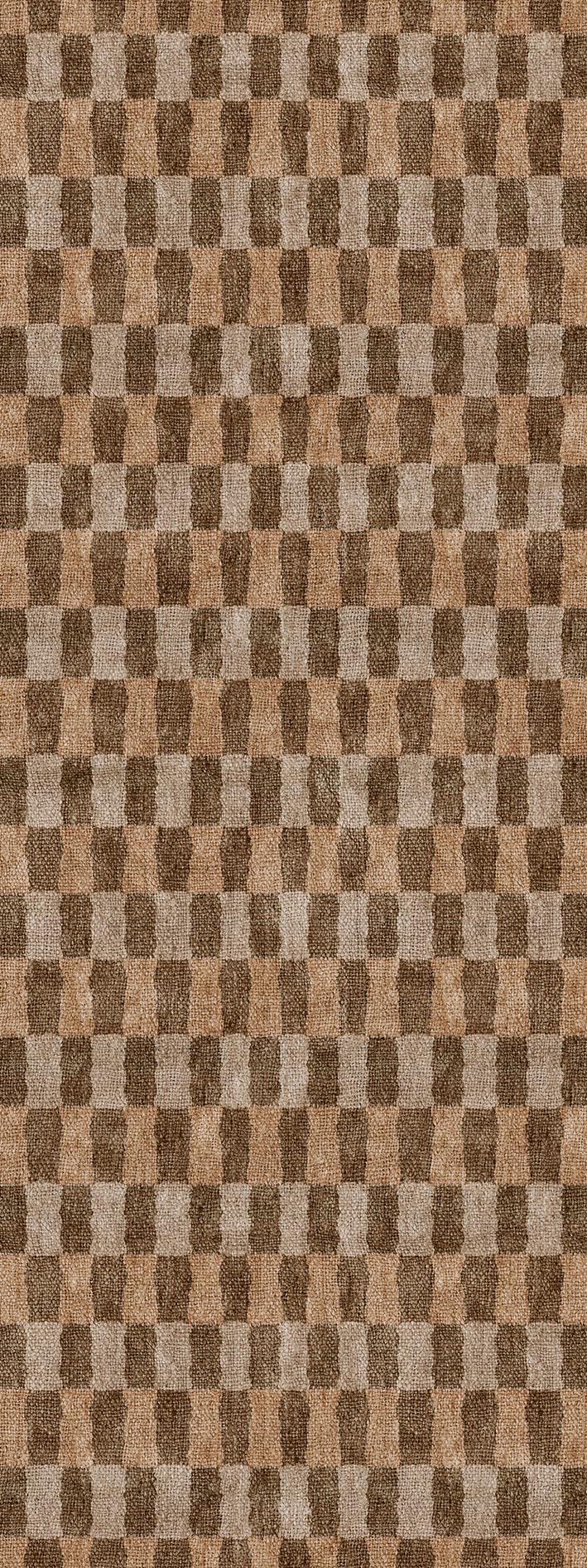 Brown and tan rug with a repeating geometric pattern of alternating vertical rectangular blocks.