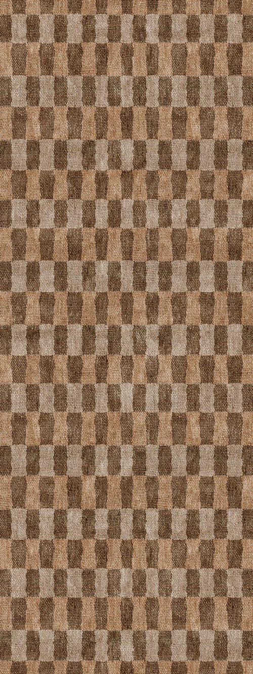 Load image 1 in gallery view. Brown and tan rug with a repeating geometric pattern of alternating vertical rectangular blocks.