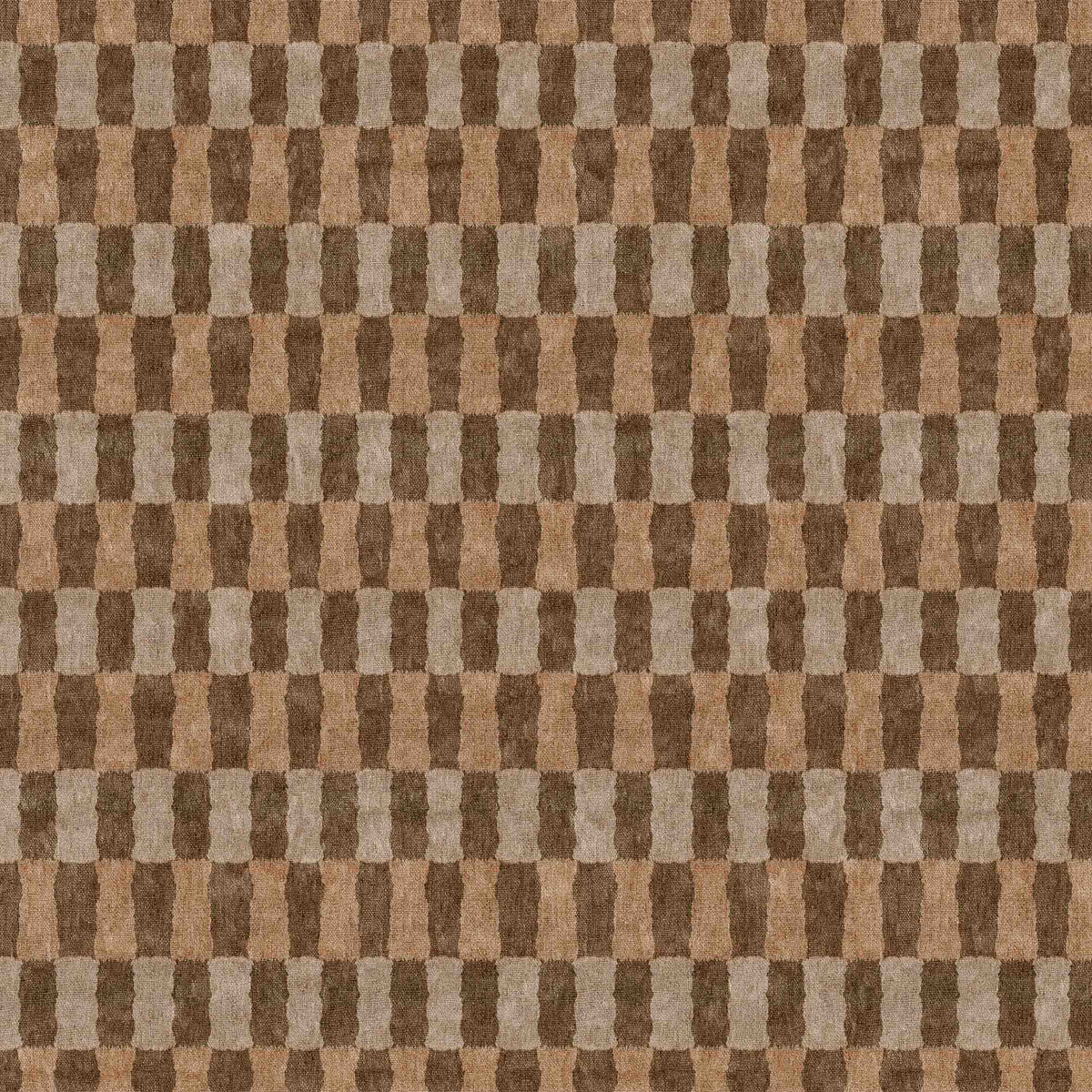 Brown and tan rug with a repeating geometric pattern of vertical, slightly curved rectangular blocks.