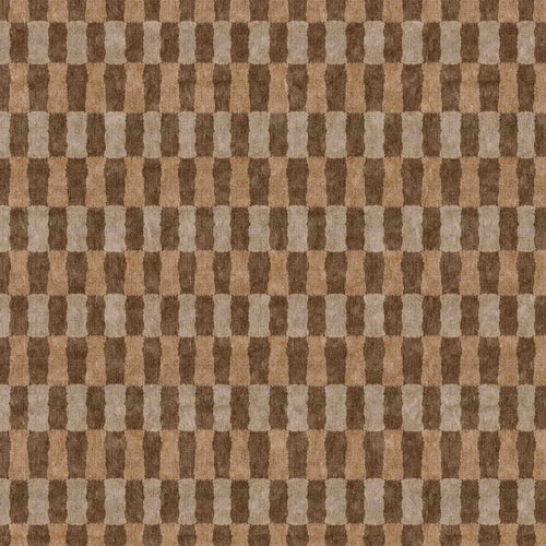 Load image 1 in gallery view. Brown and tan rug with a repeating geometric pattern of vertical, slightly curved rectangular blocks.