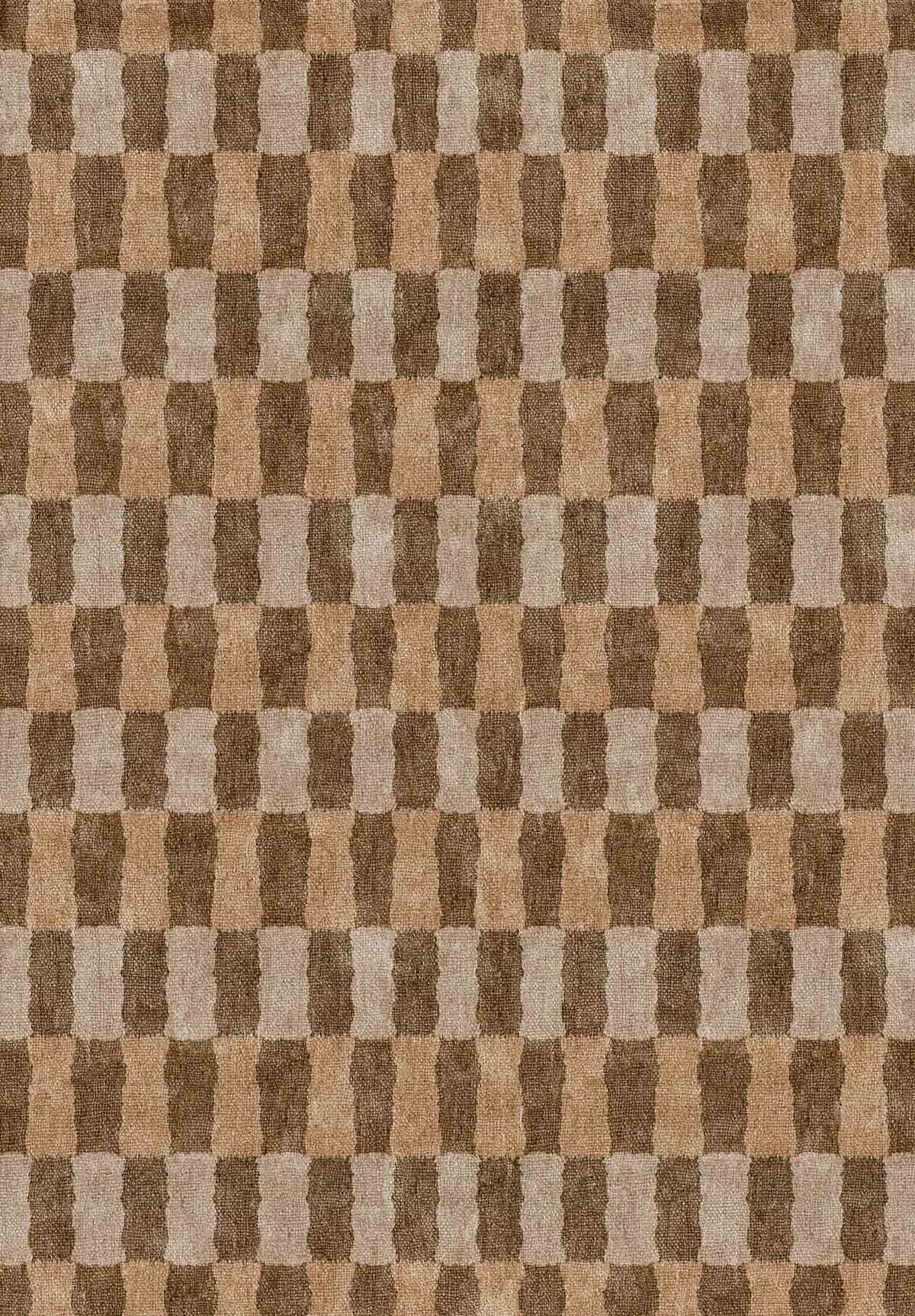 Brown and beige rug featuring a repeating vertical pattern of interlocking, rounded rectangular shapes.