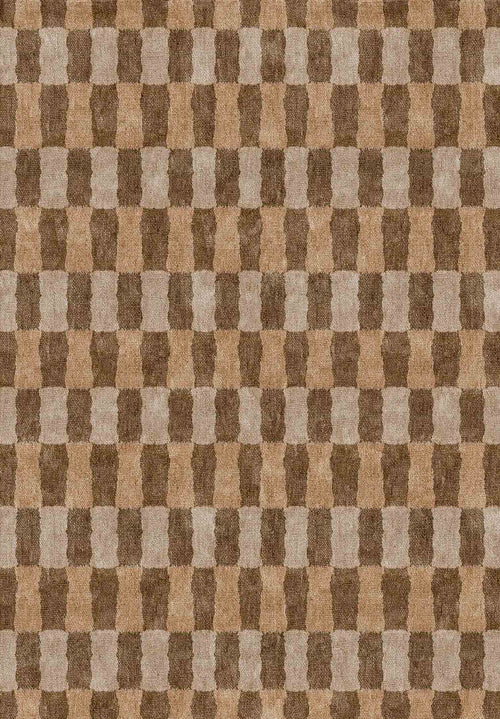 Load image 1 in gallery view. Brown and beige rug featuring a repeating vertical pattern of interlocking, rounded rectangular shapes.