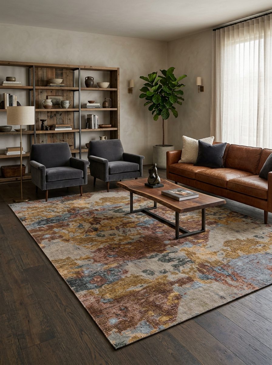Multi-colored abstract rug with patches of ochre, rust, and slate blue, styled in a modern living room.