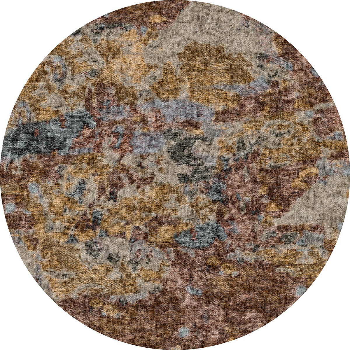 Round rug with an abstract, mottled pattern in shades of brown, gold, grey, and blue.
