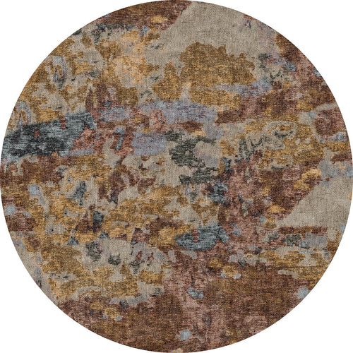 Load image 1 in gallery view. Round rug with an abstract, mottled pattern in shades of brown, gold, grey, and blue.
