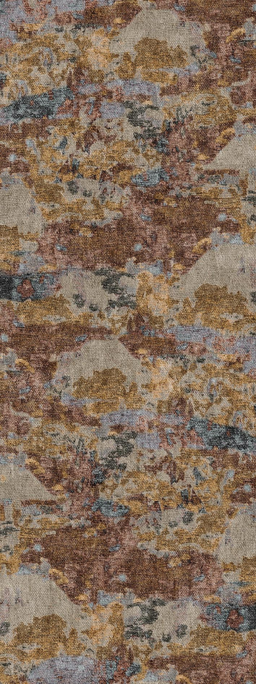 Load image 1 in gallery view. Abstract rug with a distressed, multi-colored pattern of gold, rust, grey, and blue tones.