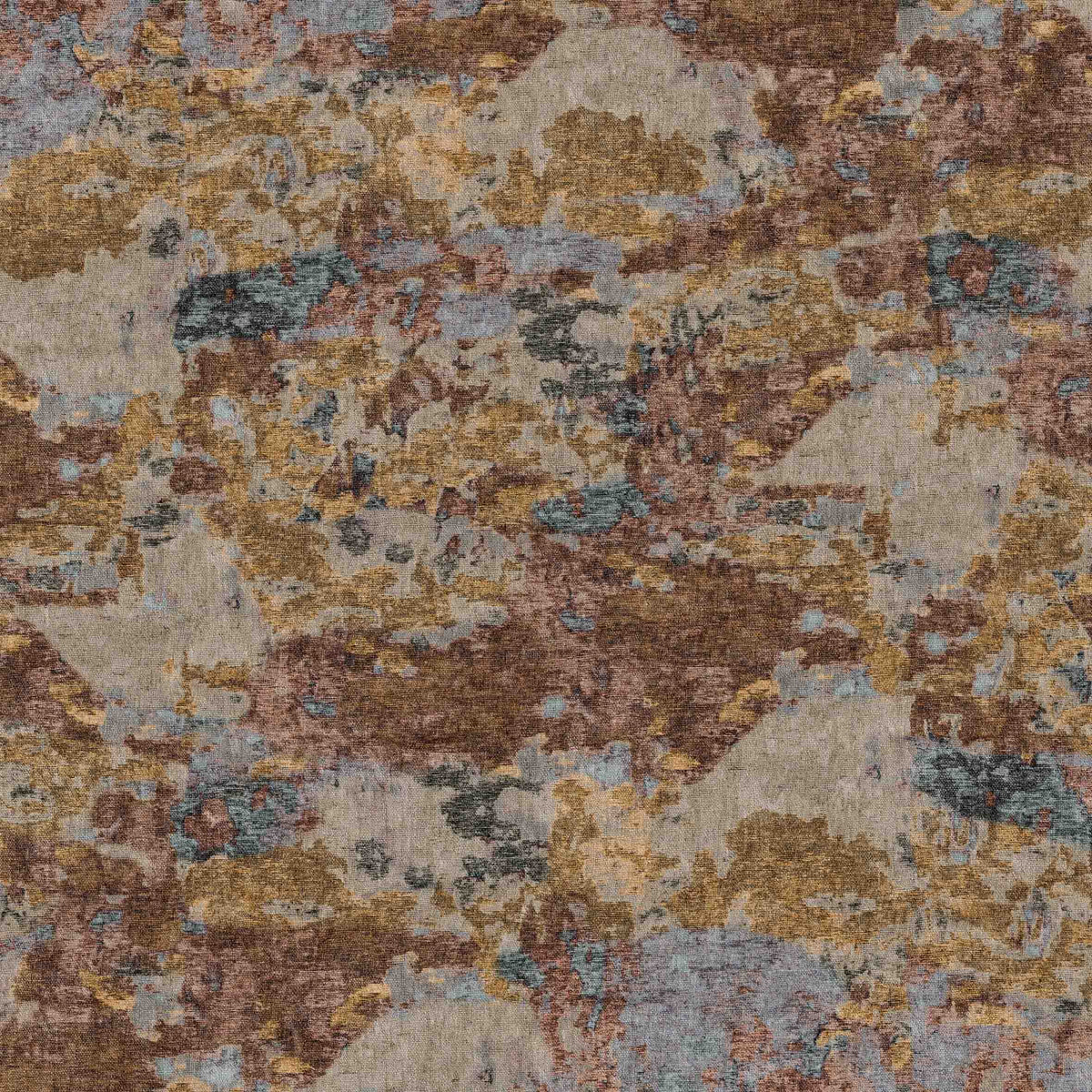 Abstract rug with a distressed, mottled pattern in shades of brown, gold, charcoal, and slate blue.