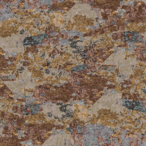 Load image 1 in gallery view. Abstract rug with a distressed, mottled pattern in shades of brown, gold, charcoal, and slate blue.