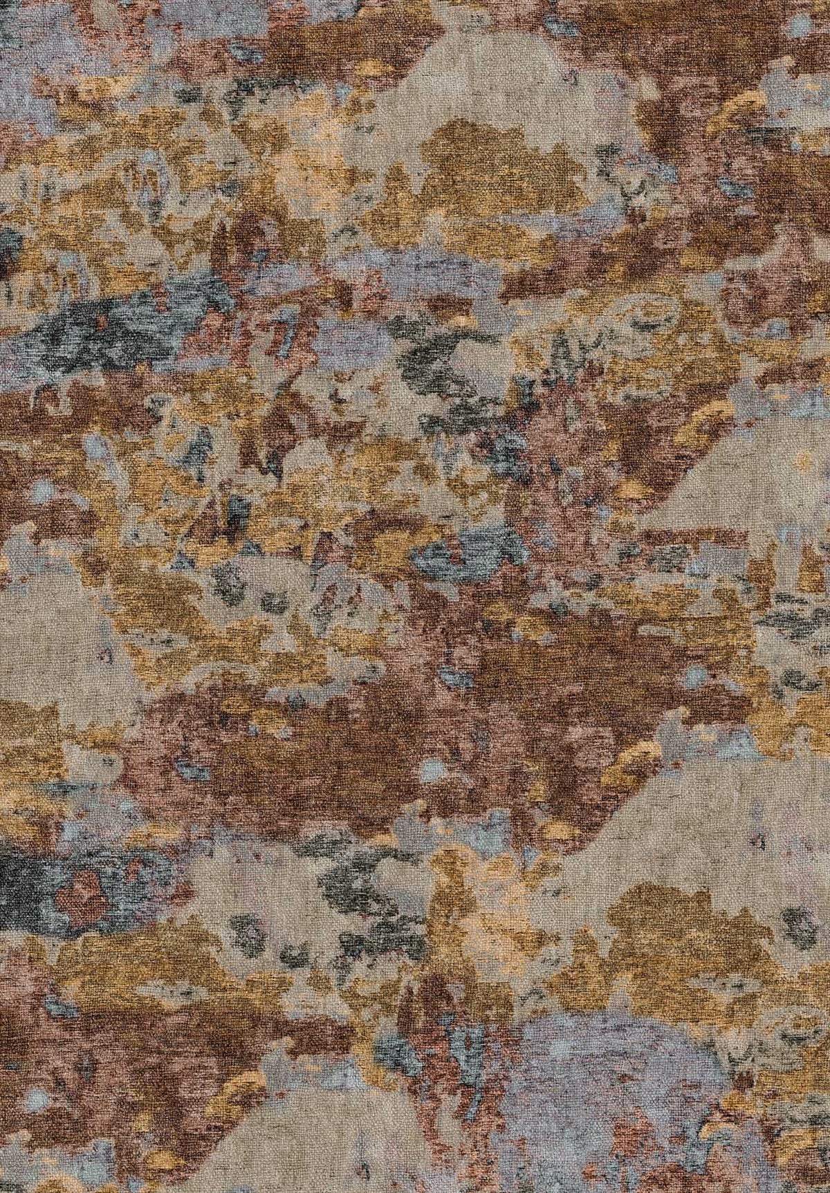 Abstract rug with a distressed, mottled pattern in shades of brown, gold, grey, and muted blue.