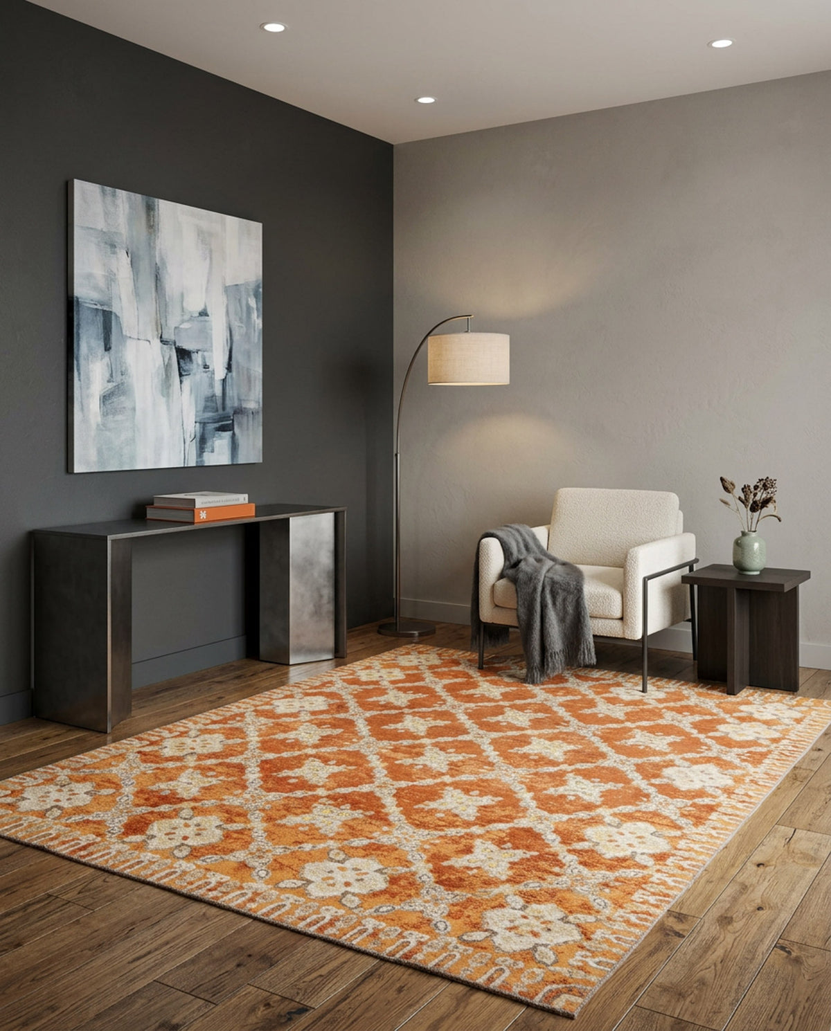 Burnt orange and cream rug with a geometric medallion pattern, styled in a modern living room.