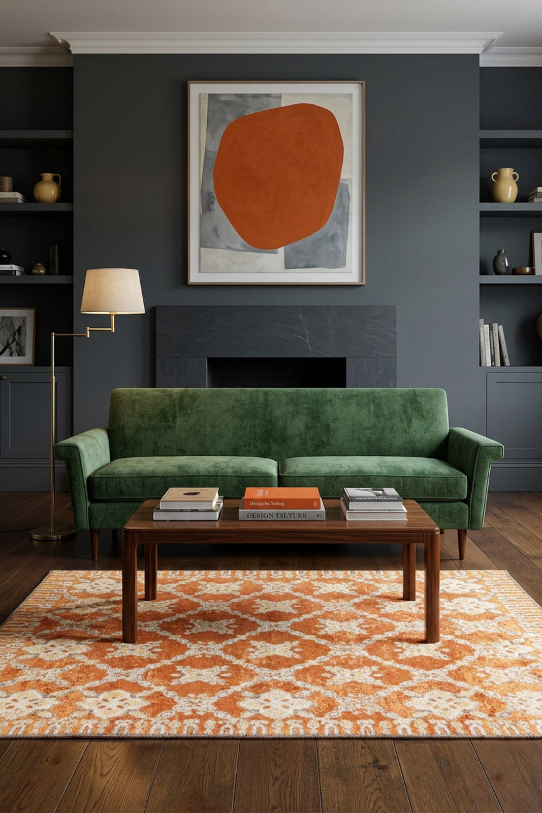 Orange and cream rug with a repeating geometric floral pattern, styled in a living room with a green sofa.