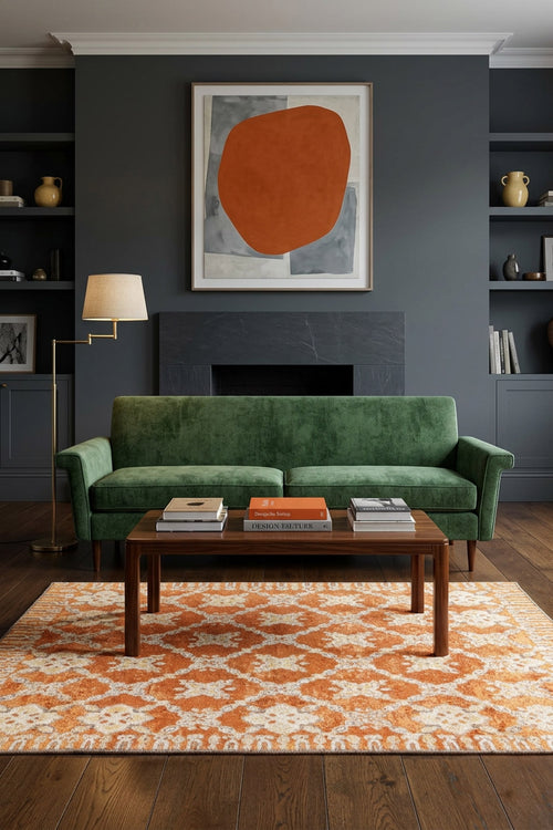 Load image 1 in gallery view. Orange and cream rug with a repeating geometric floral pattern, styled in a living room with a green sofa.
