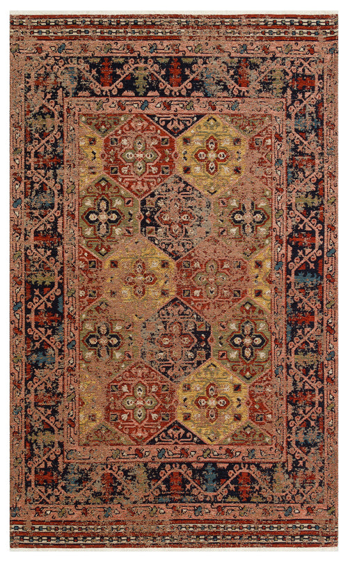 Load image 1 in gallery view. The Anatolian Weave - Washable Kilims - AND01 is a rectangular chenille polyester rug with ornate floral and geometric patterns in red, gold, black, and beige, featuring a detailed border and central medallion design