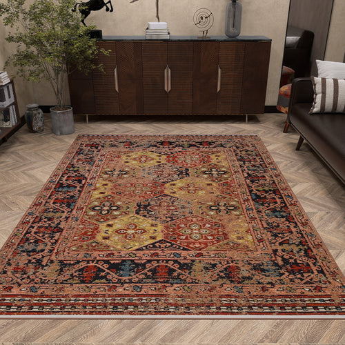 Load image 1 in gallery view. A living room featuring the Anatolian Weave - Washable Kilims - AND01 rug in multicolour on a light herringbone wood floor, paired with a dark brown sofa, wooden sideboard, books, decor, a potted plant, and neutral walls