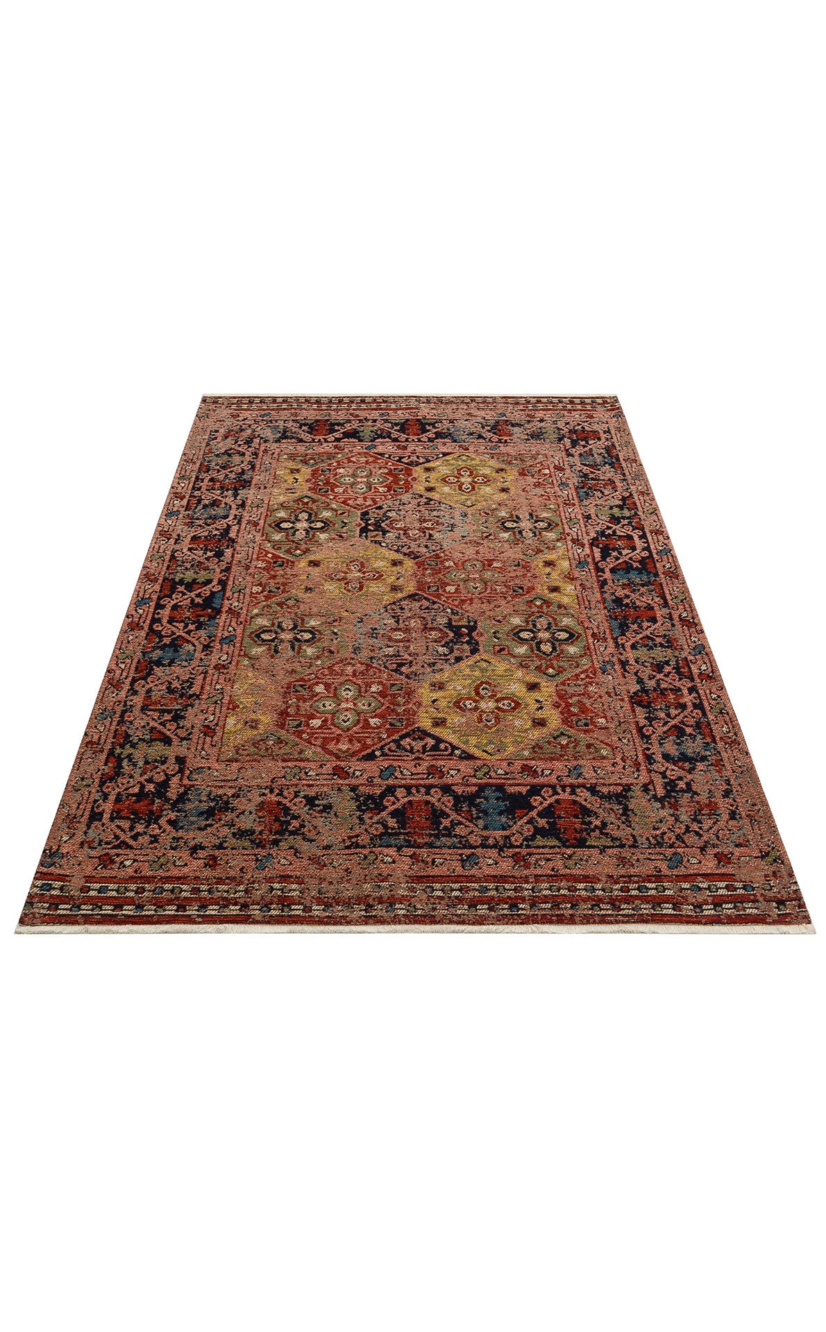 The Anatolian Weave - Washable Kilims - AND01 is a rectangular flatwoven rug with ornate traditional motifs in red, gold, navy, and beige, featuring intricate borders—ideal for bringing timeless style to any room.