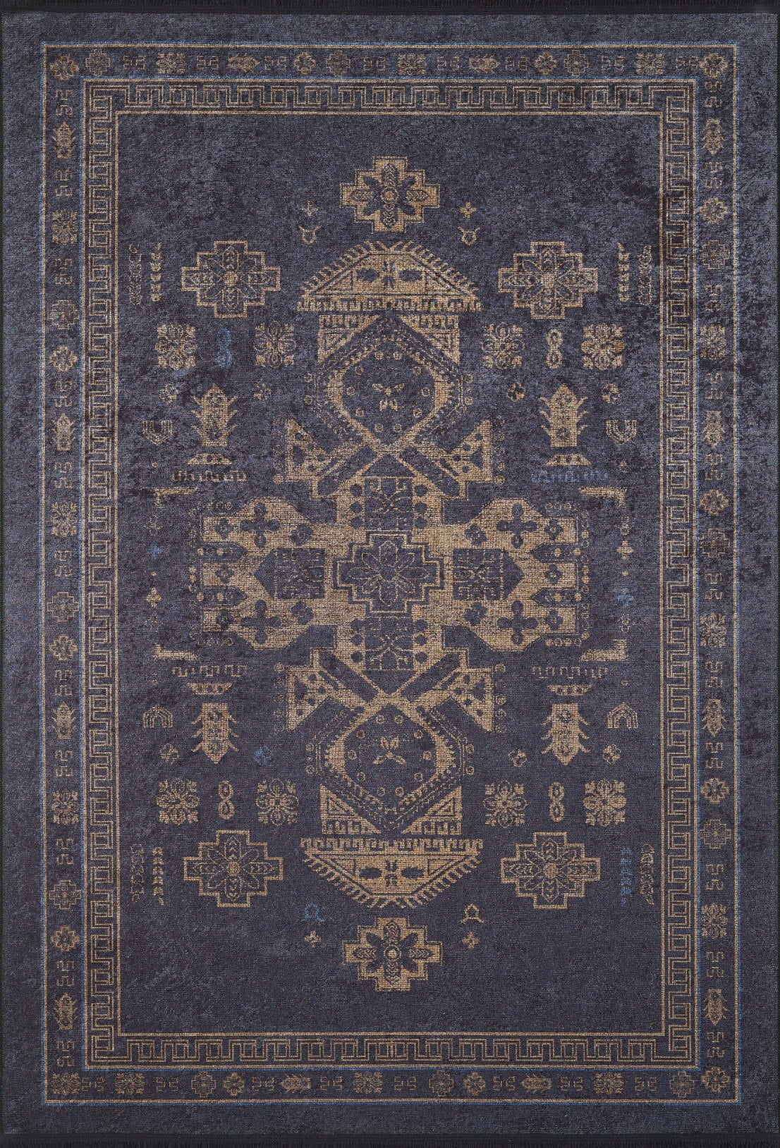 The Ancient Legacy - Washable Rug - JR1890 (Custom Size) features dark blue tones with gold geometric and floral motifs, a central medallion, and a decorative border. Its flat weave construction combines traditional elegance with easy care.